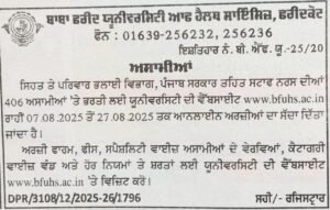 BFUHS Staff Nurse Recruitment 2025 – Punjab Job Vacancy